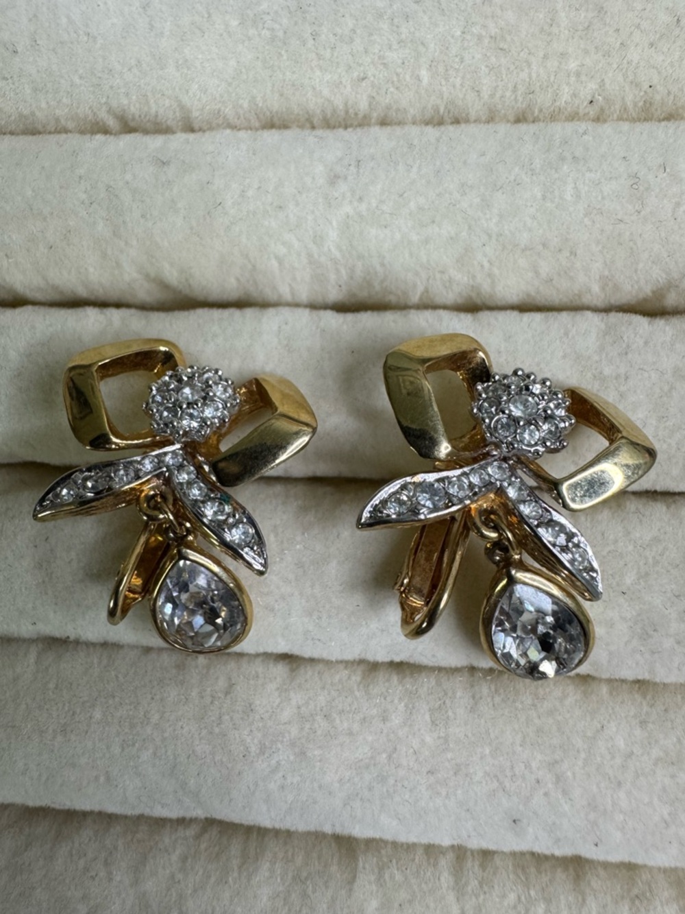 Gold Tone Floral Crystal Clip-On Earrings - Clear Crystals